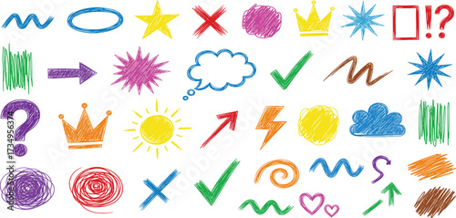 Colorful Scribbled Shapes and Icons Set for Design and Creative Projects, Symbols and Elements