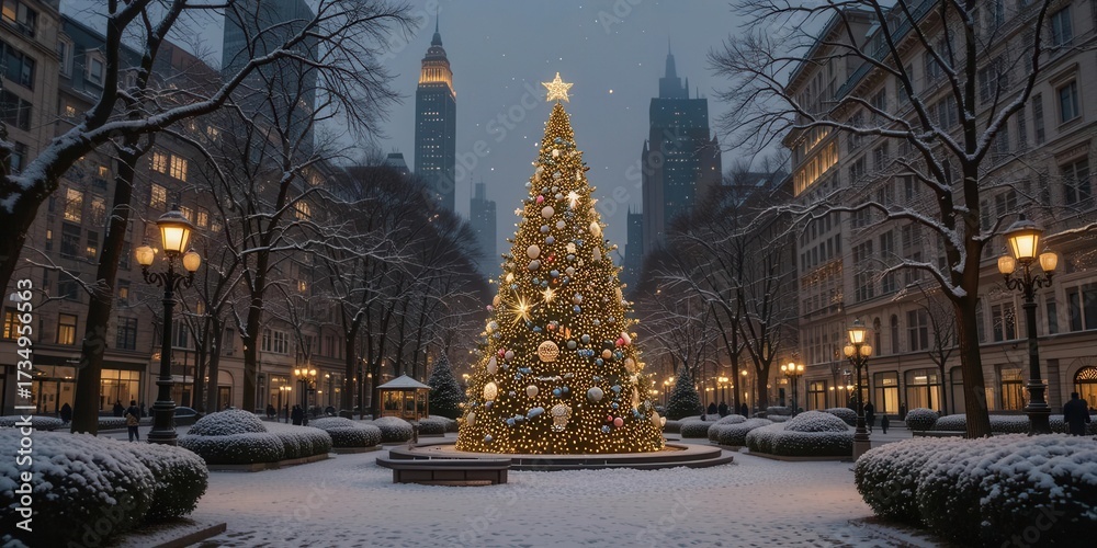 Naklejka premium Elegant Christmas Tree with Art Deco Design in a Snowy Park