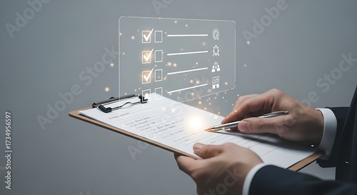Person Checking Checklist on Clipboard with Pen and Icons
