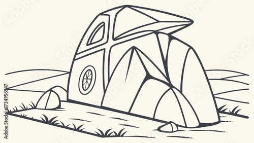 Vector art of stylized drawing of a unique, futuristiclooking dwelling integrated into a rock formation