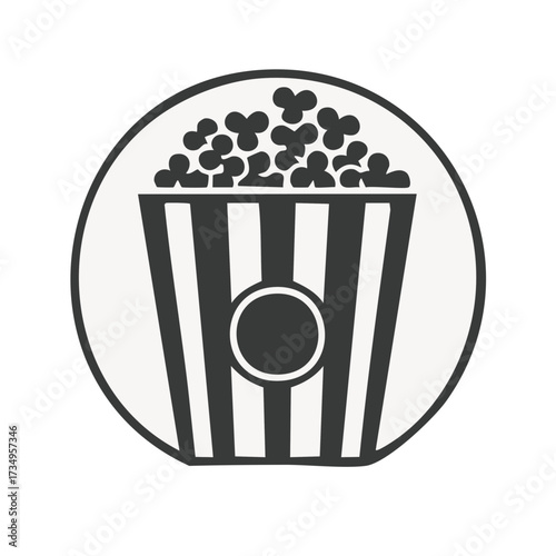 Classic striped popcorn box icon. Simple black and white graphic illustration for cinema and movies.