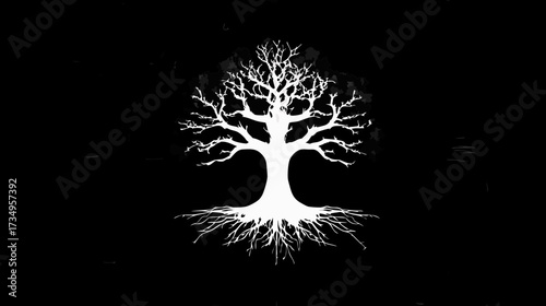 Stark white silhouette of a bare, leafless tree with exposed roots against a deep black background, symbolizing strength and resilience.