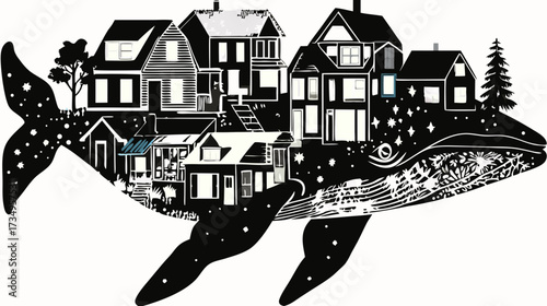 Whimsical black and white illustration of a fantasy town with houses and buildings situated on the back of a large whale.