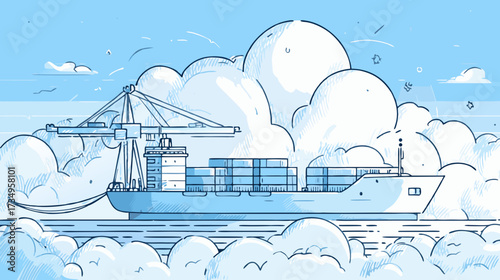 Global cargo shipping and logistics concept illustration with a large container ship, port crane, and stylized clouds for international trade and import-export.