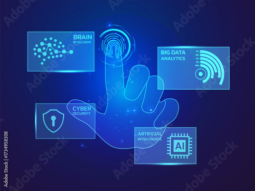 Artificial Intelligence with hologram human hand touching Data Visualization Hologram Dashboard blue light effect on dark blue background vector design concept. AI technology for advance technology.