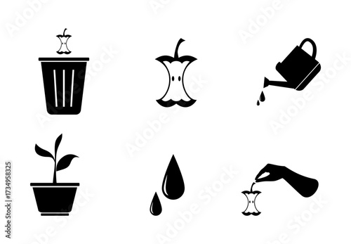 Composting and Recycling Process Black Icons Set