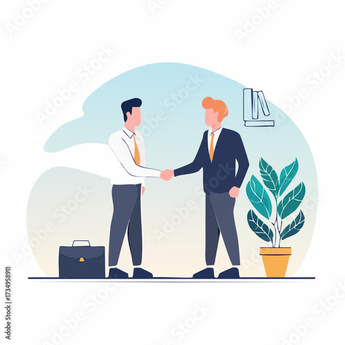 Two businessmen shaking hands in modern office setting with plant and briefcase, minimalistic flat design, symbolizing partnership and agreement