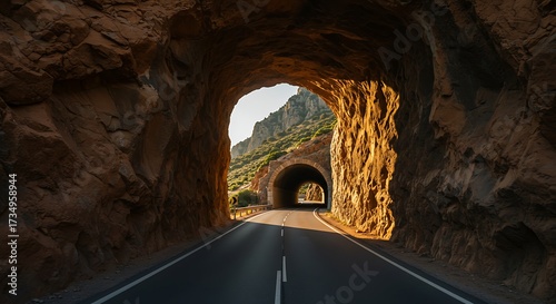 Road tunnel through rock formation leading to bright sunlight outdoors
