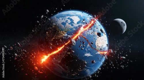 apocalyptic scene shows Earth dramatically splitting revealing fiery molten cracks and spewing debris into space The moon looms near as city lights glimmer on the fractured planet