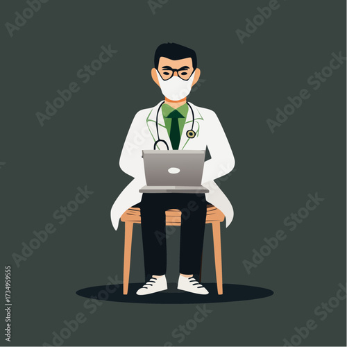 Cartoon male doctor sitting on chair wearing face mask and stethoscope working on laptop computer during coronavirus pandemic in modern flat vector style