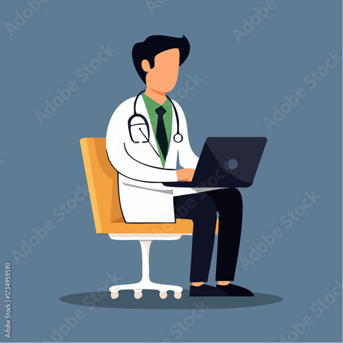 A male doctor sitting on an office chair, working on a laptop, modern flat design, medical professional, technology, healthcare