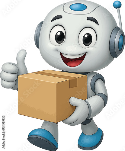 Cute factory delivery robot mascot smiling while carrying a box