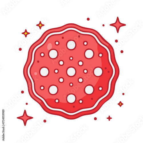 Cute cartoon illustration of a sparkling red salami or pepperoni slice