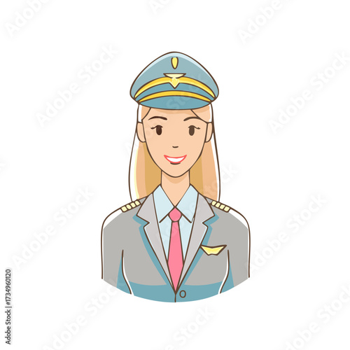 Smiling Female Pilot in Uniform with Cap and Wings Emblem