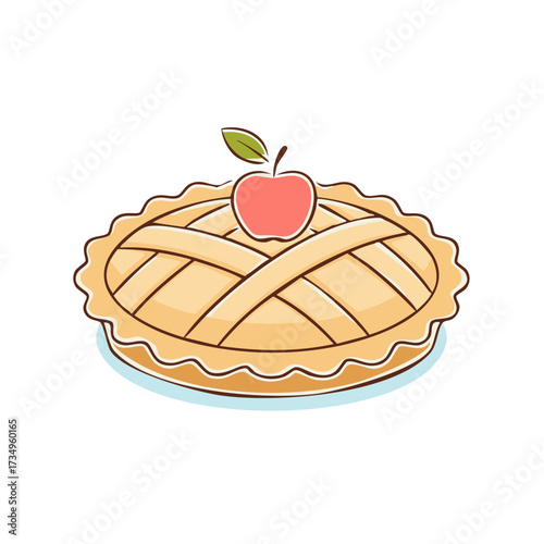 Delicious baked apple pie with decorative crust and a single apple illustration.
