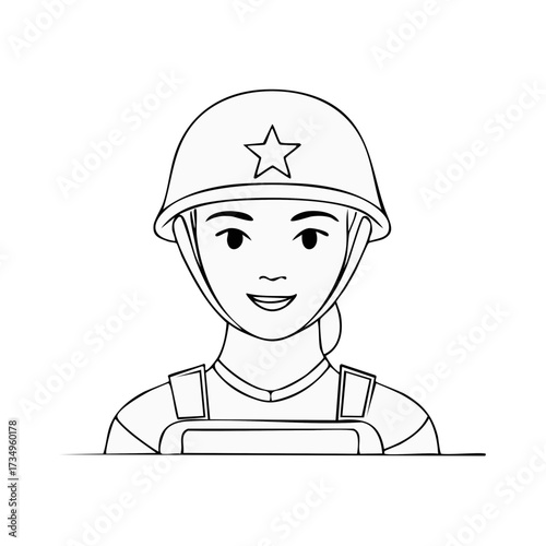 Illustration of a woman wearing military helmet and vest with a star on the helmet. Cartoon character.