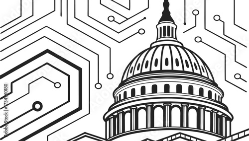 Vector art of digital technology and government building illustration