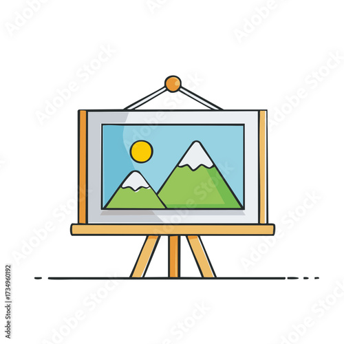 Cartoon drawing of a mountain landscape painting on an artist easel