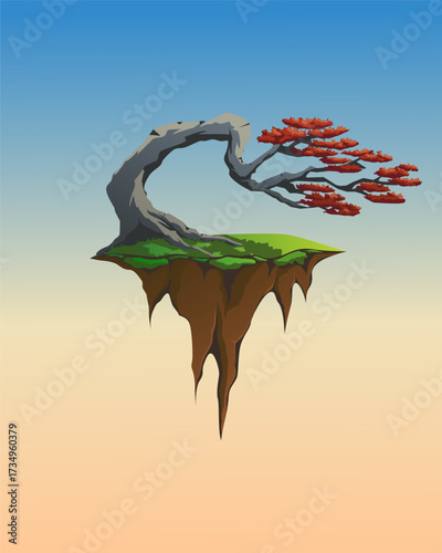 Vector illustration of a bonsai tree with red leaves on a floating island