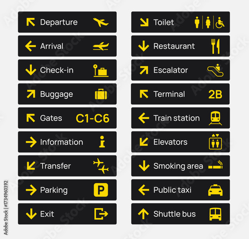 Airport Navigation Icons. Information Signage for departures, arrivals, baggage, gates, check in and exit. Design elements for print. Flat vector illustration collection isolated on background