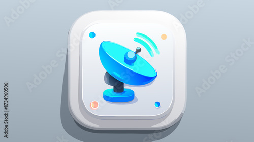 Modern 3D rendered icon of a blue satellite dish emitting wireless signals for communication, technology, and network concepts