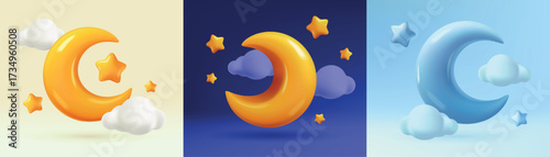 Cartoon Crescent Moon posters set. Cute banners with yellow and blue moon surrounded by clouds and stars. Nighttime, Dreams and Sleep. 3D vector illustration collection isolated on background