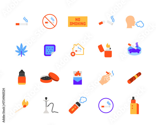 Smoking icons set. Colorful signs no smoking, cigarette, vape, nicotine, tobacco, cigar and ash. Design elements for app or website. Flat vector illustration collection isolated on background