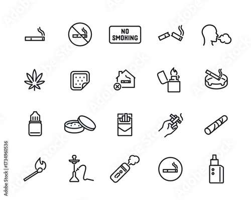 Smoking line icons set. Simple symbols with cigarette, tobacco, hookah, vape and smoke. Editable stroke. Design elements for apps. Outline vector illustration collection isolated on background