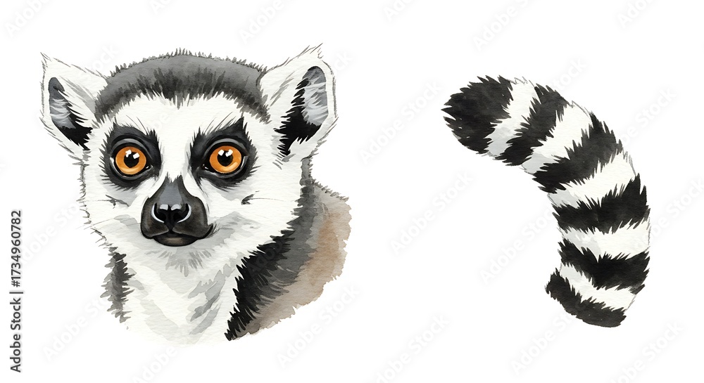 Obraz premium Illustration of a ring tailed lemur and its stripped tail on white background