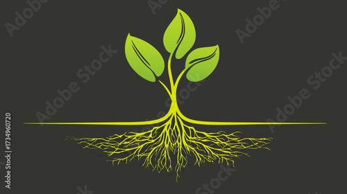 Vibrant green plant with intricate yellow roots illustration on dark background, symbolizing growth, nature, stability, and new life.