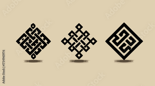Vector set of three elegant eternal knot symbols. Traditional intertwined geometric designs representing infinity, longevity, and spiritual concepts.