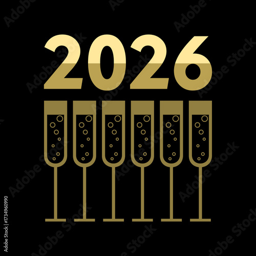 Celebration of New Year 2026 with sparkling glasses and golden numbers on a black background
