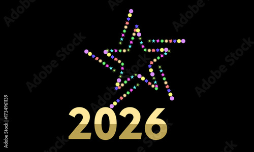 Colorful star graphic marking the beginning of 2026 for celebrations and events