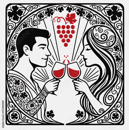 Art Nouveau Vector of Couple Toasting with Red Wine — Decorative EPS Illustration with Transparent Background for Wine Bar, Vineyard, Winery and Label Design