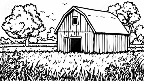 Rustic wooden barn in a tranquil country field with trees and birds, rendered as a detailed black and white line art illustration.