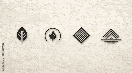 Set of abstract minimalist icons representing the four classical elements: Earth, Fire, Air, and Water. Simple symbolic design on a textured background.