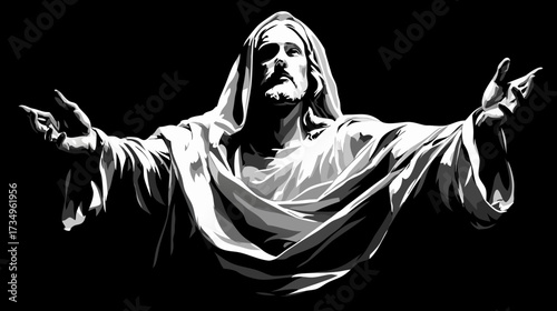 Dramatic high contrast illustration of a spiritual figure with outstretched arms, symbolizing hope, guidance, and divine connection in black and white.