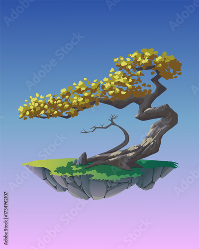 Vector illustration of bonsai tree with yellow flowers on floating island