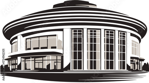 Modern circular building architecture vector illustration, contemporary event hall or cultural center with large windows and distinctive design.