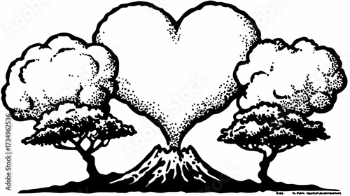 Volcano erupting heart-shaped smoke with trees, black and white hand-drawn illustration symbolizing love for nature and the environment.