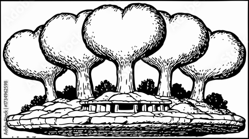 Fantasy island with heart-shaped trees and ancient stone structure. Mythical grove illustration, black and white line art.