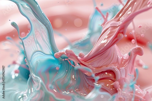 Vibrant pink and teal liquids collide and swirl in an abstract macro setting. Bright lighting enhances the playful and energetic mood.