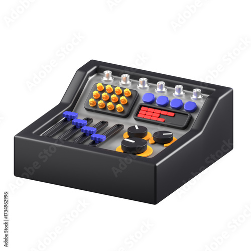 Detailed Isometric View of Professional Audio Mixer Console with Numerous Control Knobs Buttons and Faders Black and Orange Color Scheme Transparent Background