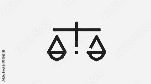 Minimalist balance scale icon symbolizing justice, law, equality, and fairness. Legal business concept symbol on light background.