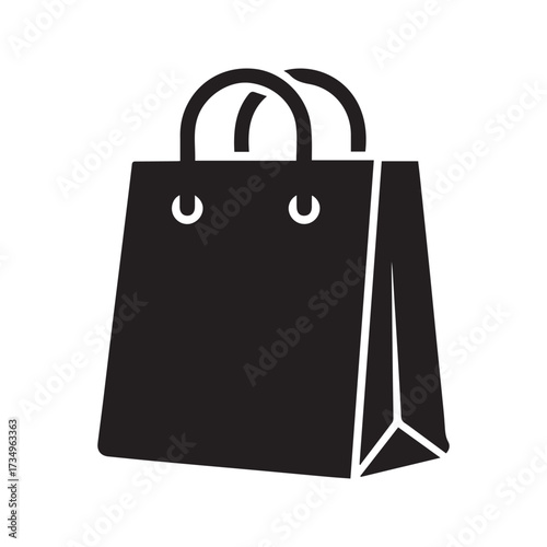 Shopping bag icon vector. Black silhouette of a retail paper bag for shopping, sale, and commerce. Isolated on white background.