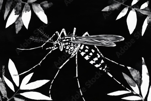 Black and White Illustration of Mosquito Surrounded by Leaves