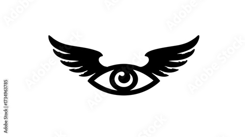 Stylized winged eye symbol, black graphic on white, representing vision, insight, freedom, and awareness. Modern minimalist icon.