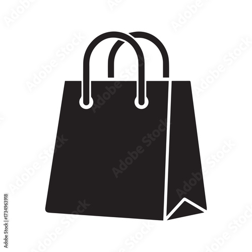 Shopping bag icon vector. Black silhouette of a retail paper bag for shopping, sale, and commerce. Isolated on white background.