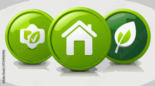 Vibrant Green 3D Rendered Icons: Sustainable Home, Eco-Friendly Certification, and Environmental Leaf Symbols