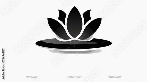 Elegant black and white lotus flower icon floating on water, symbolizing peace, purity, and spiritual growth in a minimalist design.